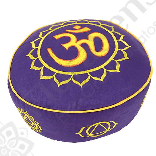 Meditációs ülőpárna - kerek - Om + 7 csakra - lila-arany Meditációs ülőpárna - kerek - Om + 7 csakra - lila-arany